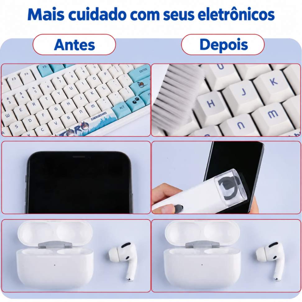 Exemplos de limpeza de teclado, tela e fones