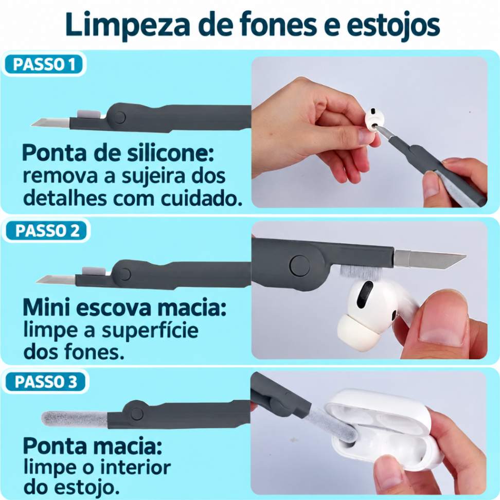 Três etapas de limpeza de fones e estojos