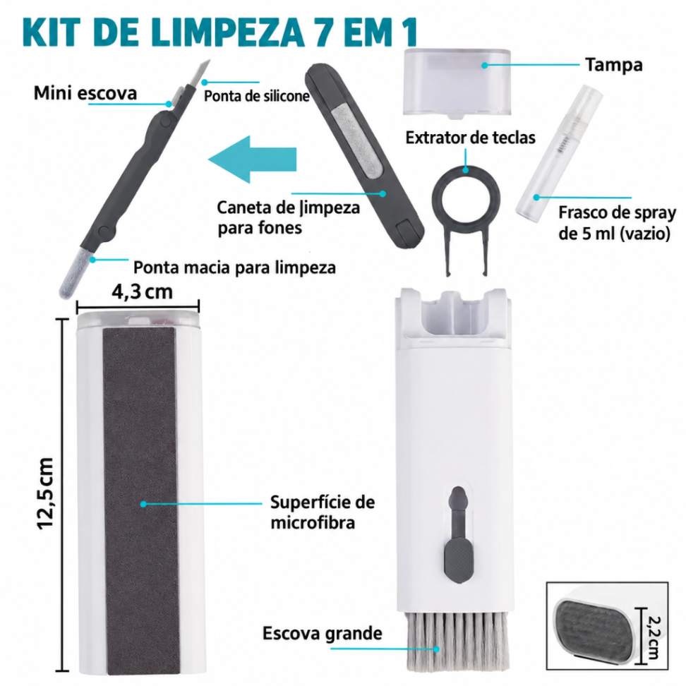 Componentes e medidas aproximadas do kit de limpeza 7 em 1