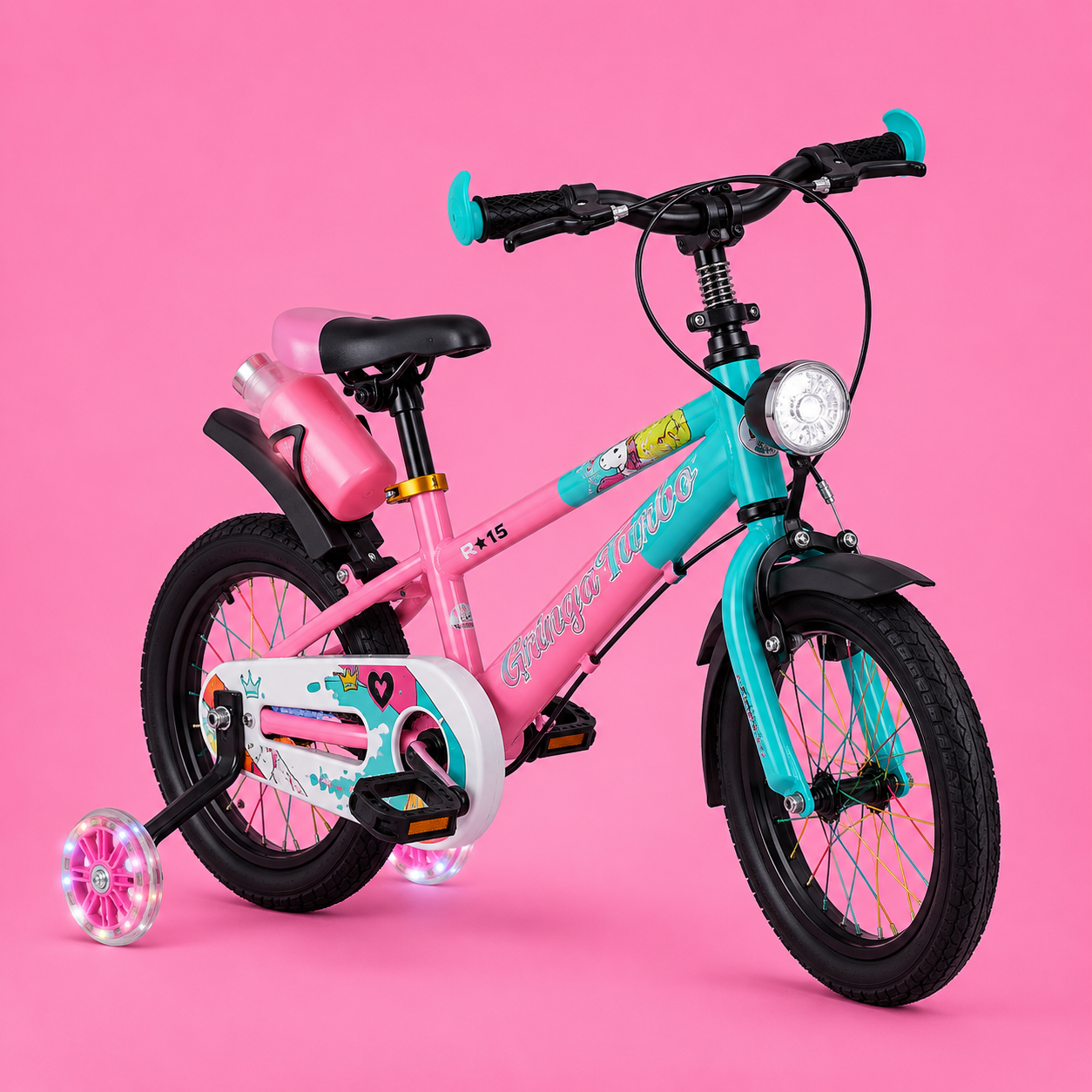 Bicicleta Infantil Aro 14 rosa 3 a 7 Anos Estilo Shark com LED + Pneu Grosso + Rodinhas + Freio V-Brake Completa (P4910-Rosa)
