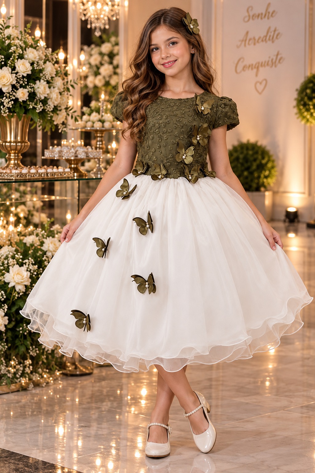 Vestido Juvenil - Midi Vila Lele Sabrina Verde Militar e Off (VESTSBVRDML)